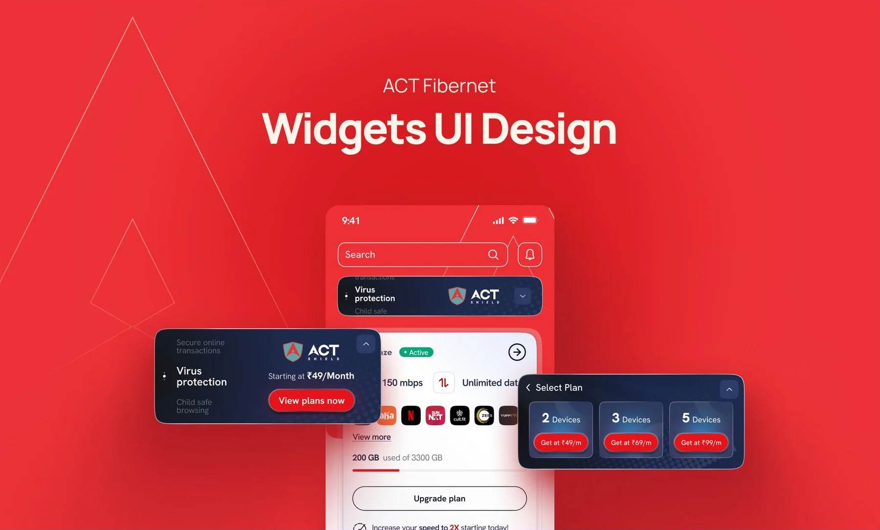ACT Fibernet home screen with expanded virus protection and device-plan widgets.