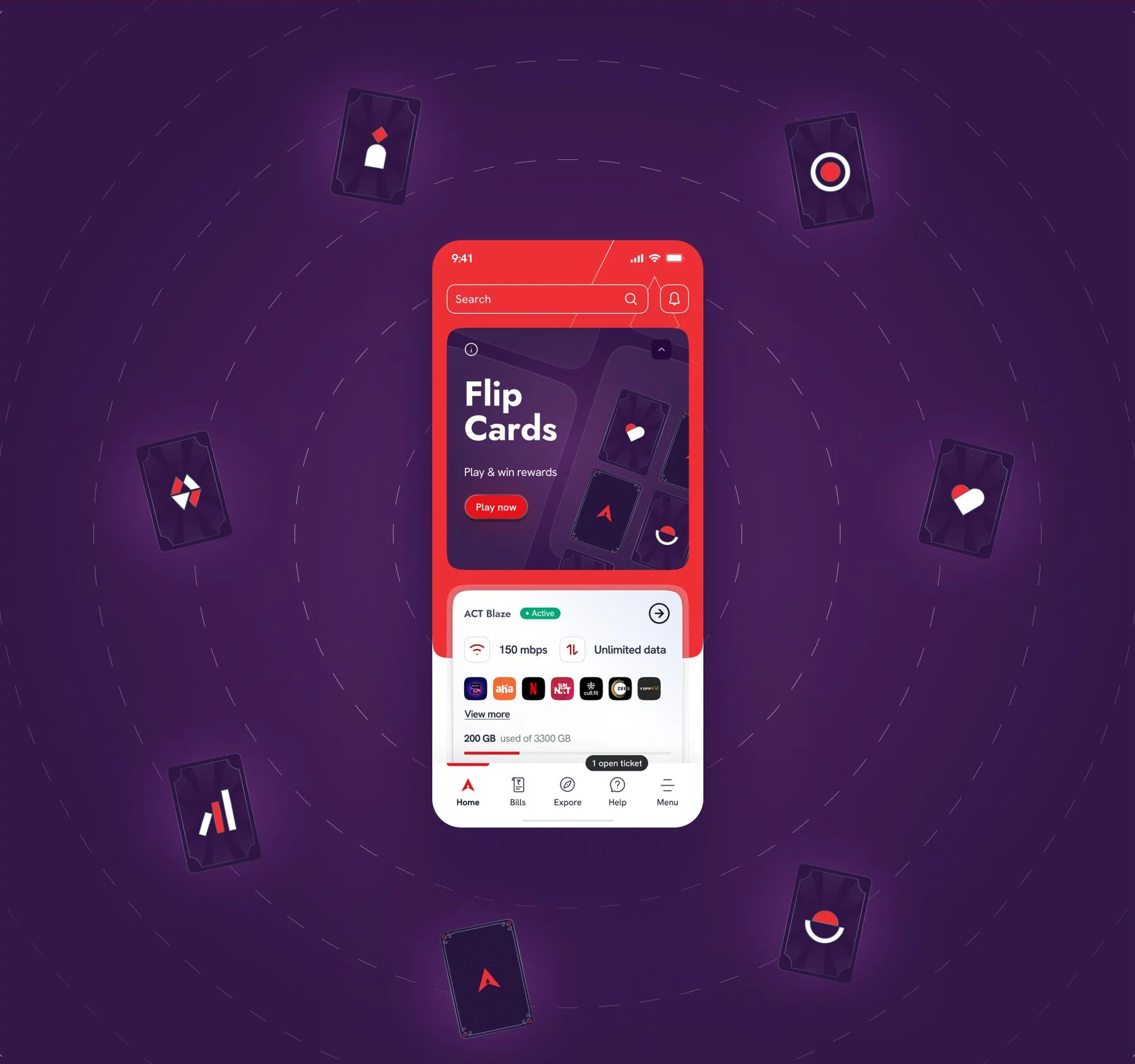 ACT Fibernet Flip Cards game on a mobile screen surrounded by illustrated playing cards.