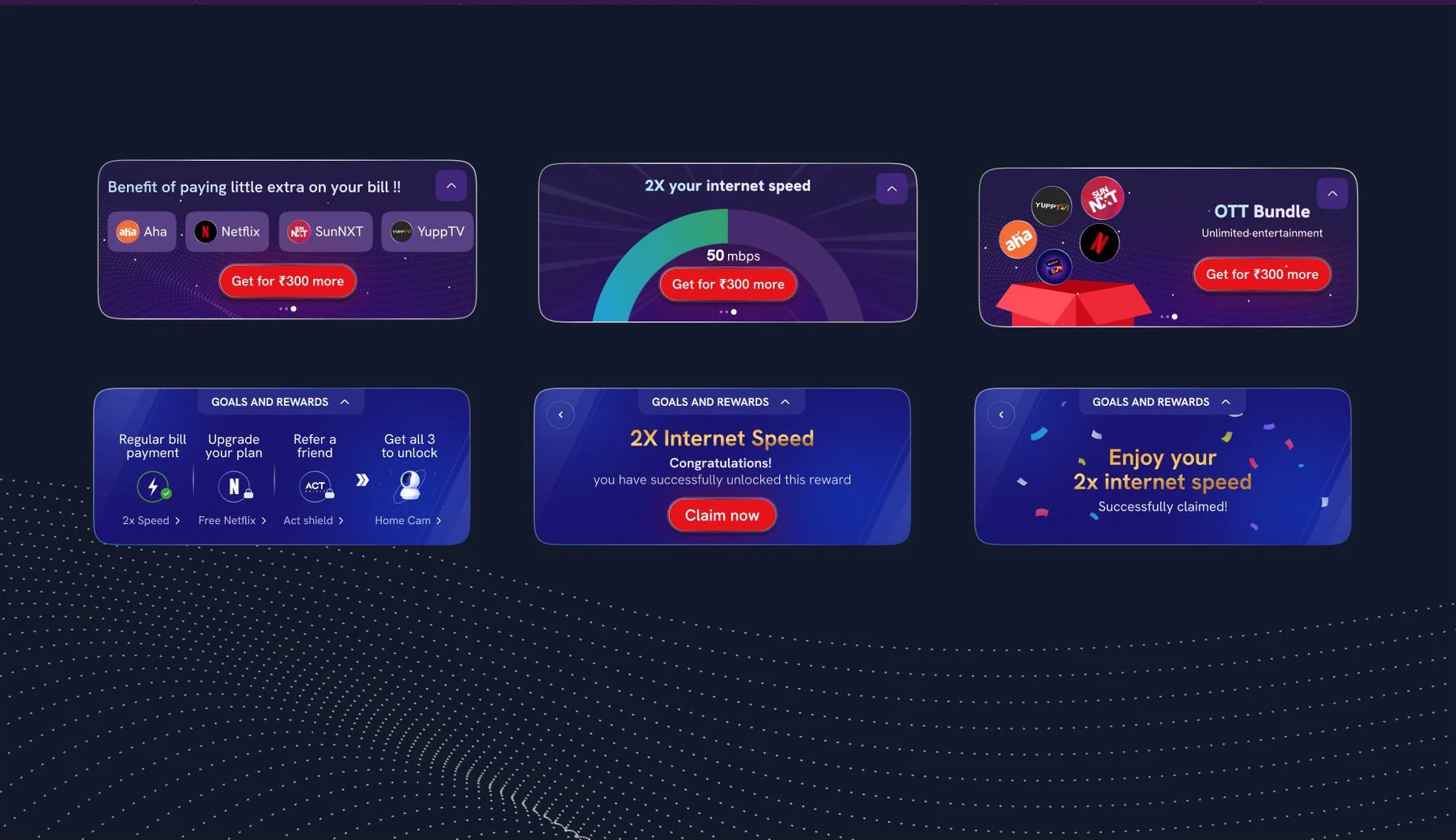Six ACT Fibernet widgets for OTT bundles, internet speed upgrades, and claiming rewards.
