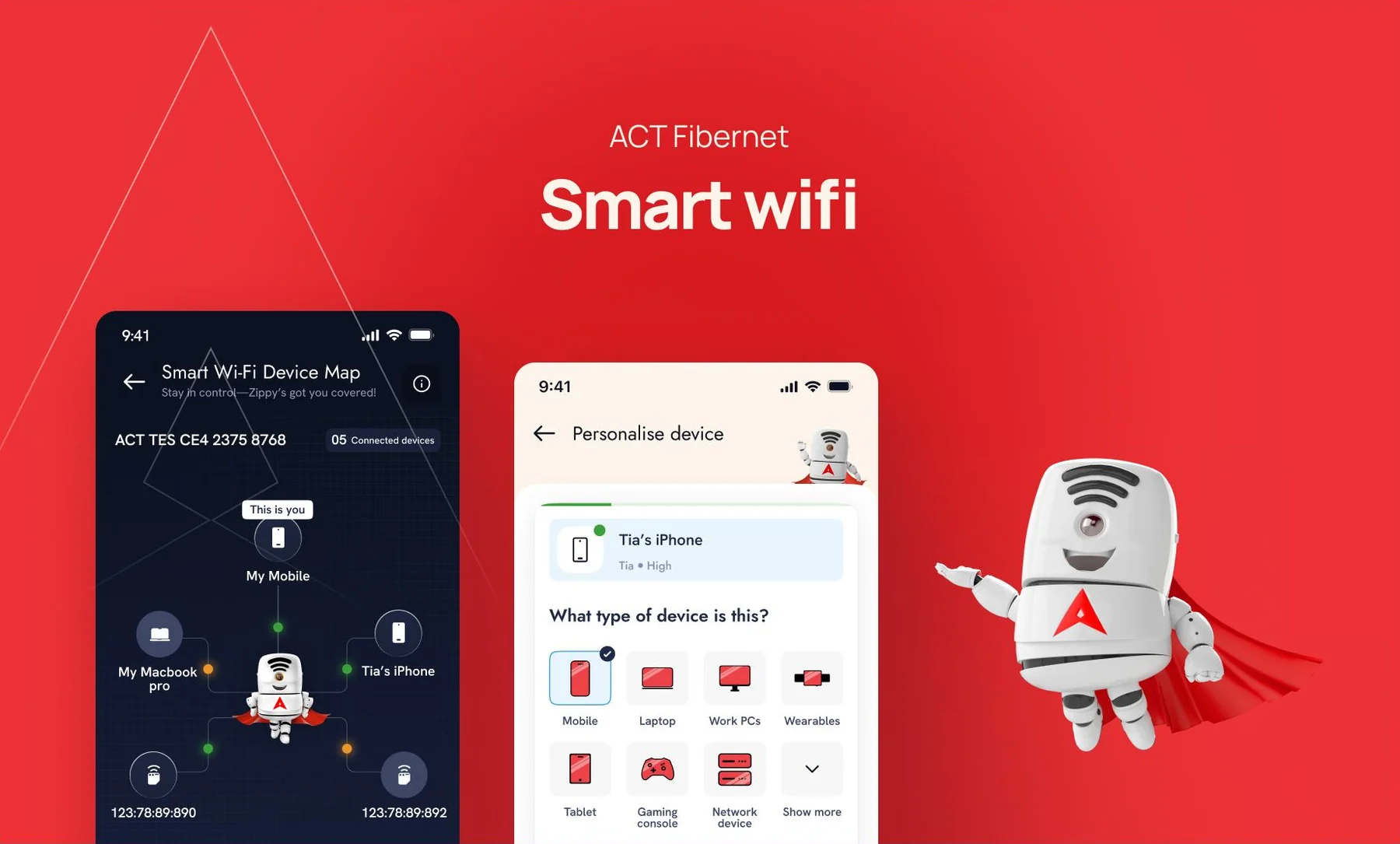 ACT Smart Wi-Fi device map and device personalisation screens with the Zippy character.