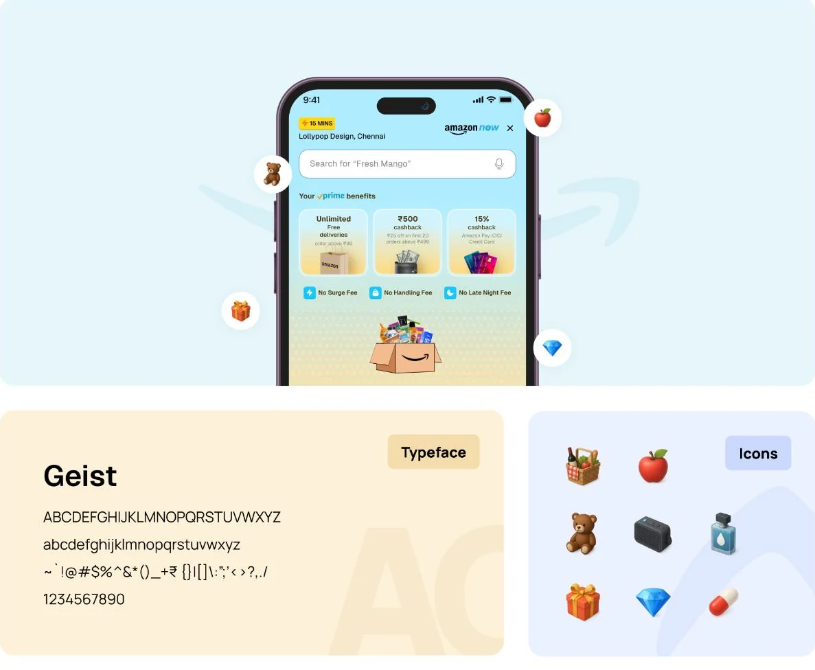 Amazon Now mobile home screen, Geist typeface specimen, and dimensional grocery and category icons.