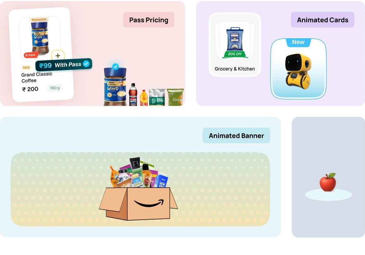 Amazon Now Pass pricing cards, animated-card concepts, and an illustrated shopping-bag banner.