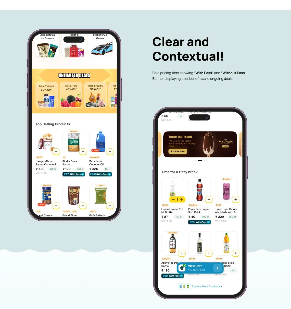Amazon Now product listing screens with Pass pricing, deal banners, and a cart summary.