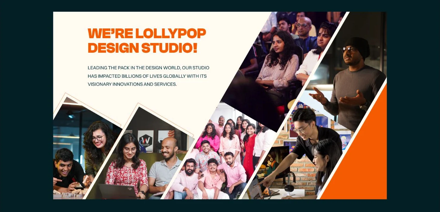 Lollypop Design Studio presentation slide with team and event photography.