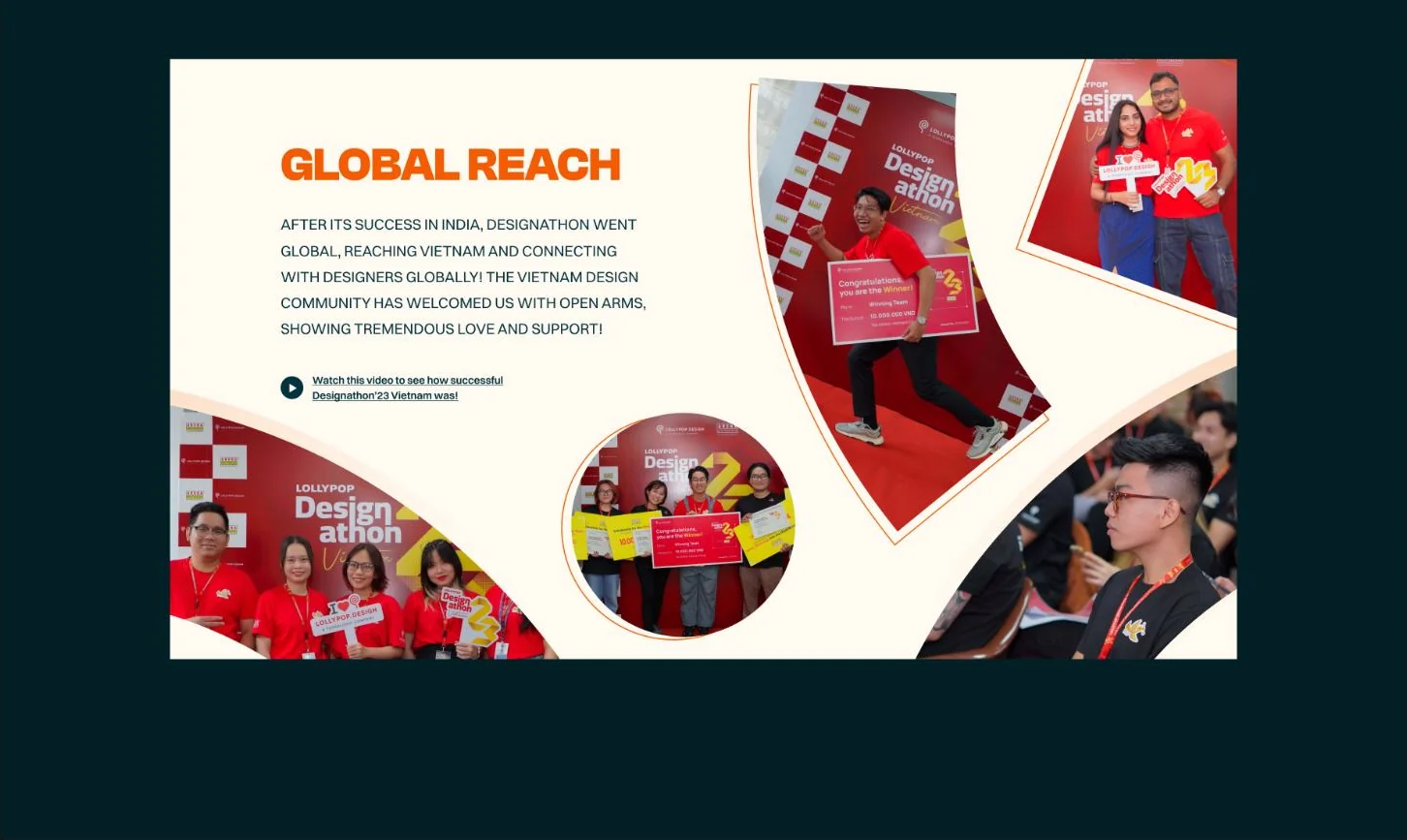 Global reach presentation slide featuring Designathon event and participant photography from Vietnam.