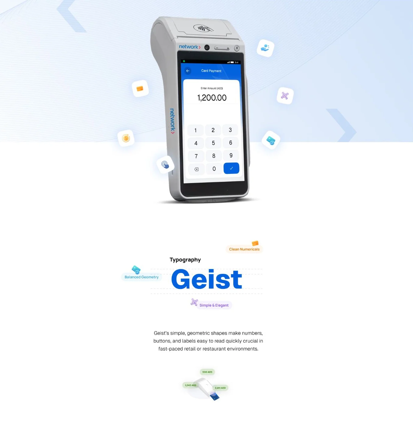 Network POS terminal with amount entry, a Geist typography specimen, and clear numeric examples.