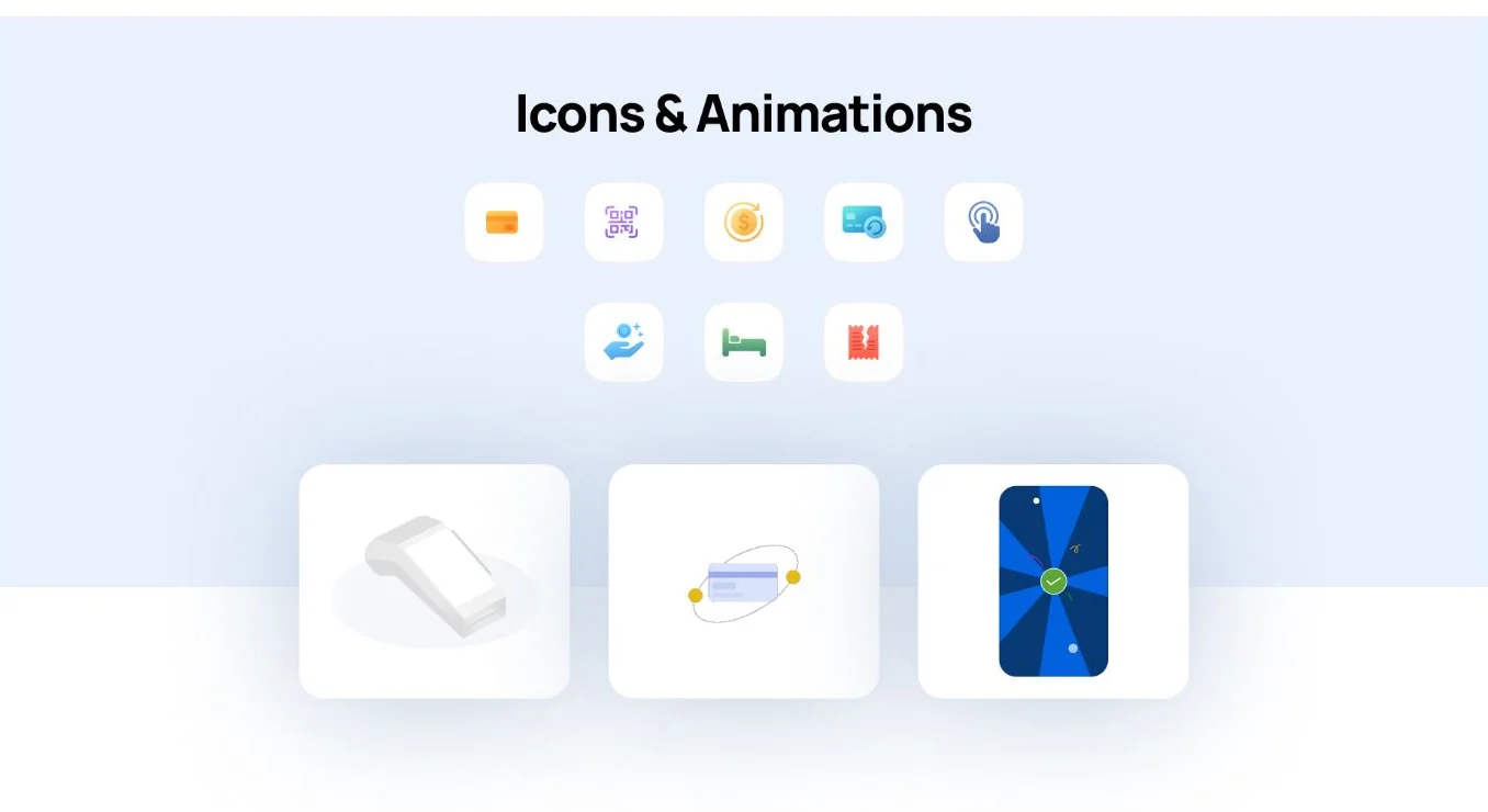 Network POS service icons and illustrations for payment terminal, card, and success states.