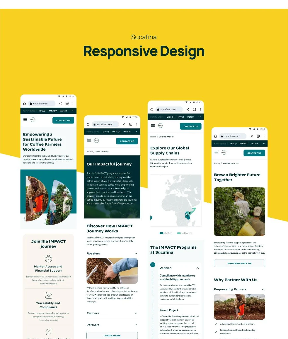 Four Sucafina mobile website screens showing the introduction, IMPACT journey, supply chains, and partnership content.